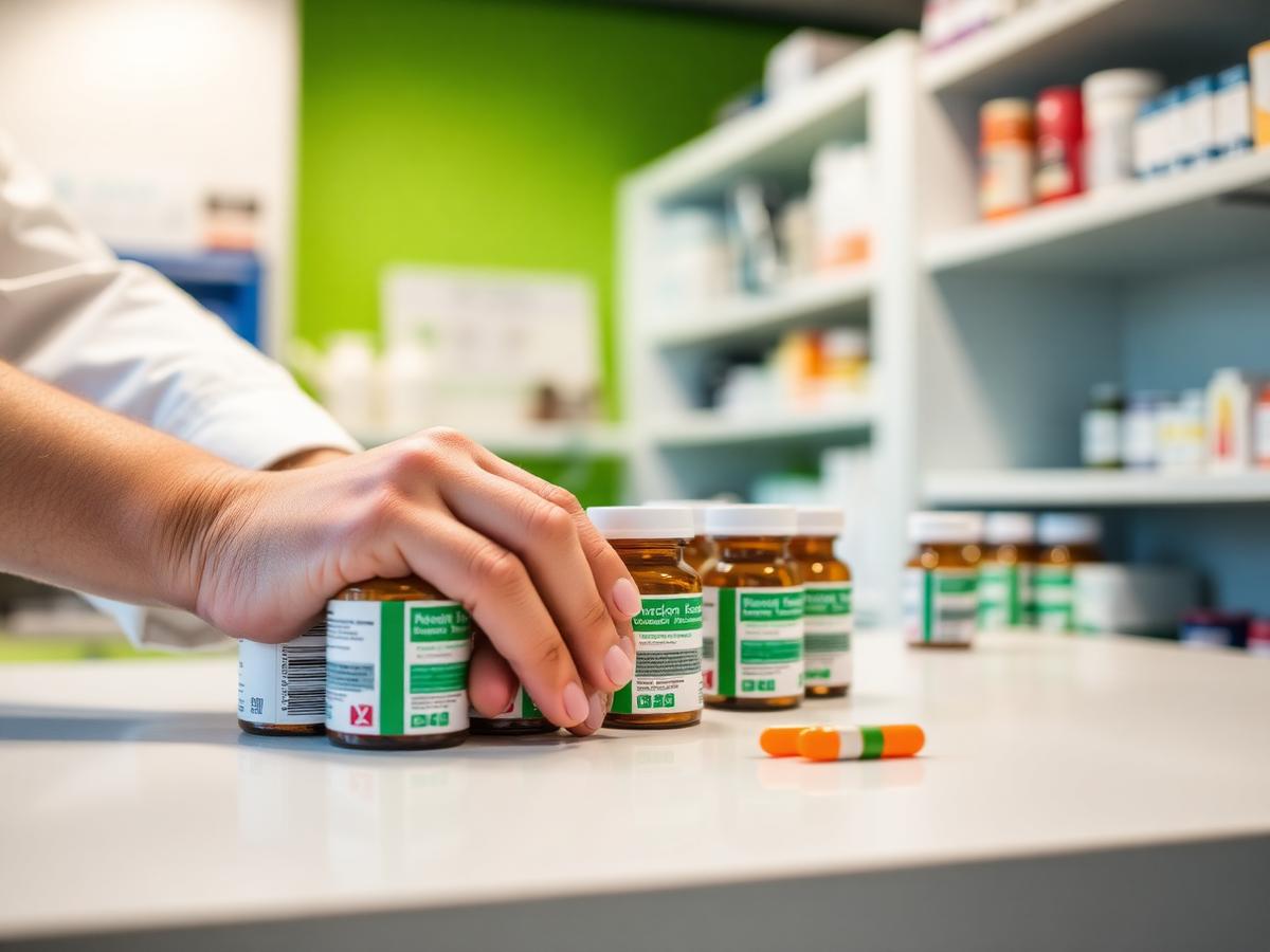 Pharmacist organising medication at Bell Pharm